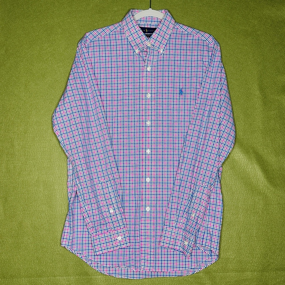 Ralph Lauren Polo Men's M Classic Fit Pink/Blue/White Check Cotton Dress Shirt